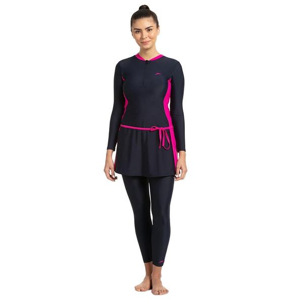 Full Body SuitThis full body suit offers full body coverage and complete sun protection. The leggings paired with the stylish flared top provide both a perfect balance of modesty and style. Ideal for visits to the pool or holidays. The contrasting colours are elegantly matched to create a simple yet stylish combination. yet stylish combination. Featuring Endurance®10 fabric which is chlorine resistant and designed to last for longer.Features• Contrast wrap around draw chord for comfort, secure fit and style• Button lock attachment on ankle length leggings to provide a secure fit• Full body suit style for swimmers seeking maximum coverage and sun protection• Removable bra pad• Higher chlorine resistance than standard swimwear fabrics - fits like new for longer with CREORA® HighClo™• Sun protection - UPF 40+• Shape retention - fabric stretches so you can enjoy swim without feeling restrictedFabric Description: Endurance®10Fabric Composition: 80% Nylon 20% Elastane (CREORA® HighClo™)