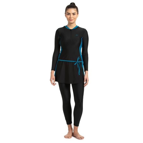 Full Body SuitThis full body suit offers full body coverage and complete sun protection. The leggings paired with the stylish flared top provide both a perfect balance of modesty and style. Ideal for visits to the pool or holidays. The contrasting colours are elegantly matched to create a simple yet stylish combination. yet stylish combination. Featuring Endurance®10 fabric which is chlorine resistant and designed to last for longer.Features• Contrast wrap around draw chord for comfort, secure fit and style• Button lock attachment on ankle length leggings to provide a secure fit• Full body suit style for swimmers seeking maximum coverage and sun protection• Removable bra pad• Higher chlorine resistance than standard swimwear fabrics - fits like new for longer with CREORA® HighClo™• Sun protection - UPF 40+• Shape retention - fabric stretches so you can enjoy swim without feeling restrictedFabric Description: Endurance®10Fabric Composition: 80% Nylon 20% Elastane (CREORA® HighClo™)