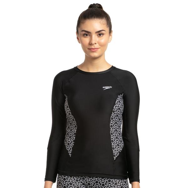 Hyperstar Allover Long Sleeve SuntopCelebrating the iconic Speedo branding, this long sleeve sun top features side panels printed with our boomstar print. Our pull-on style top features a crew neck and long sleeves, giving sun protection for the chest, back and arms. With UPF 40+, our Endurance®10 fabric is perfect for outdoor swimming and the beach. Containing Creora® HighClo™, it is more chlorine resistant than standard swimwear fabrics.Features• Slim fit• Pull-on Rashtop - perfect for sun protection both in and out of the water• Removable Bra Pads - for enhanced comfort and confidence• Higher chlorine resistance - fits like new for longer with CREORA® HighClo™• Shape retention fabric• Sun protection - UPF 40+Fabric Description: Endurance®10Fabric Composition: 80% Nylon, 20% Elastane(Creora® HighClo™)