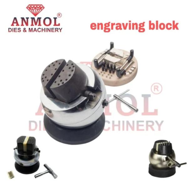 Diameter. 5 Inch5 in. Diameter, Heavy steel body. 360 degree tilt, Spin rotate movement, vise jaw opening., 2-5/8in. Heavy duty handle with hexagonal key, 10 pins of stainless steel made. The Engraving Block is a great produced item by gold tool with full precision and solid durability. It can revolve all around 360 degrees, also half block can revolve full 360 degrees.* The price mentioned here is approx and indicative only, exact price will be given by our salesperson. We are the manufacturer of ANMOL DIES Block. Features: Used for engraving different sizes of jewellery Automatic AllAccessories Available Automatic Grade Manual