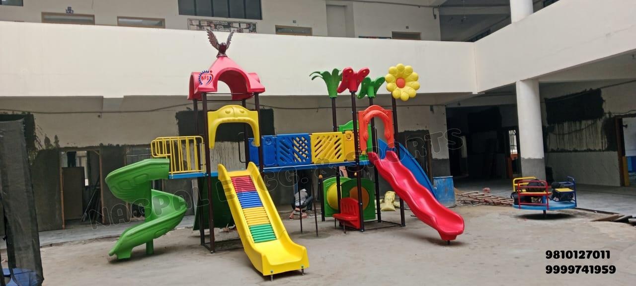 Size: 20.5Ft(L) x 19(Ft(W) x 11.5Ft(H)1. Antiskid Fiber Reinforced Plastic Molded Rec. Platform with Canopy - 01 Nos2. Antiskid Fiber Reinforced Plastic Molded Rec. Plain Platform - 01Nos3. Antiskid Fiber Reinforced Plastic Molded Plain Bridge with Fancy Railing -01Nos4. LLDPE Spiral Slide with Fancy Railing -01 Nos5. LLDPE Wave Slide with Entry Gate - 01Nos6. Roller Slide with Entry Gate - 01Nos7. LLDPE Tic tak Railing - 01Nos8. LLDPE Fancy Tunnel - 01Nos9. LLDPE Fancy Butterfly - 01Nos10.FRP Rock Climber - 01Nos