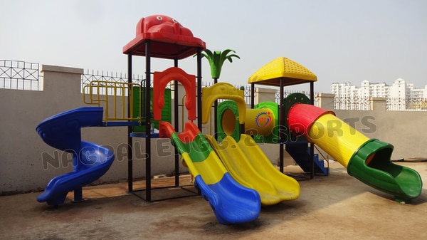 Product Size: 23Feet(L) x 16Feet(W) x 12Feet(H)Consists: One Platform with canopy, One Plain Platform, One FRP Spiral slide, One FRP Wave Slide,One Tic Tac, One FRP Ladder, One Double Swing, One Tree Climber.