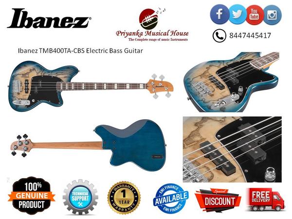 Ibanez TMB400TA-CBS Electric Bass GuitarSPECSneck type TMB4Roasted Maple necktop/back/body Tamo Ash topPoplar bodyfretboard Bound Rosewood fretboardAcrylic block inlayfret Medium fretsnumber of frets 20bridge B10 bridgestring space 19mmneck pickup Dynamix P neck pickupPassivebridge pickup Dynamix J bridge pickupPassiveequaliser Ibanez Custom Electronics 2-band EQfactory tuning 1G,2D,3A,4Estring gauge .045/.065/.085/.105hardware color ChromeNECK DIMENSIONSScale : 864mm/34