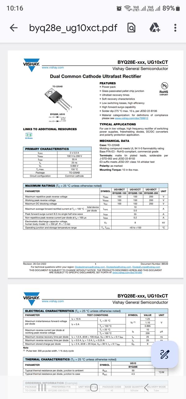 Fast switching •    Low thermal resistance •    Soft recovery characteristic •    Low forward voltage drop •    Reverse surge capability •    High thermal cycling performance