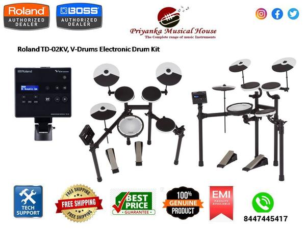 Start Your Drumming Journey the Right WayThe TD-02 series brings you the world’s finest entry-level electronic drumming experience—at an affordable price. Backed by decades of V-Drums innovation, these compact and highly expressive kits are far greater than the sum of their parts. Every element works together to form a complete musical foundation, from the world-class sounds and ultra-responsive pads to the onboard practice tools, robust hardware, and practical features for reducing noise when playing at home. And with expansion options such as Bluetooth® connectivity for mobile devices, upgradable pads, and more, you can easily grow your setup with genuine Roland accessories as needs evolve.The TD-02KV is the top-line model in the series, featuring a mesh-head snare pad with natural acoustic stick feel and a rugged four-post stand with a wide acoustic-style playing layout. The kit also includes three tom pads, a quiet beaterless kick pedal, and three cymbal pads (hi-hat, crash, and ride).Learn more about the high-quality playability, features, and expansion options of the TD-02 series.
