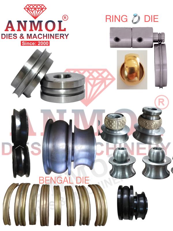 Shape.   Flat / Half-Round/ FancyAnmol dies and machinery This bangle grooving die is recognised in the market for itshigh quality. Offered bangle grooving die is manufacturedby our trained professionals using contemporary machines.In order to gain utmost satisfaction of our clients, ourindustry-experts offer this die in several sizes. FeaturesOptimum strengthSturdinessExtended durabilityThese dice are also available in temper and plain dice are also availableWe will make everything for you according to you