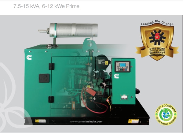 7.5kVA Cummins Diesel Generator Dealer in AhmedabadRLHP (7.5 kVA to 62.5 kVA)GMDT supplies Lower Horsepower (LHP) generator sets.GENERATING EMERGENCY ALTERNATING RESOURCE: Back-up Power for Prime Power / Standby ApplicationAPPLICATIONS : Residential buildings, farm houses, telecom towers, restaurants, border areas, security perimeters, small workshops, fast food chains and temporary power requirements.Latest Technology and Unmatched Performance:The Cummins® X1.3 series rugged engine and world class Stamford alternator powered diesel generator setAdvanced in-cylinder technology to meet latest emission norms without any after-treatment device.High altitude capabilitiesBest in class transient responseSmart aesthetic and superior finishCompact in size with optimum power to weight ratioLowest Operating Cost and Comprehensive WarrantyHighly reliable and durable productAll elements are designed to work together to maximize efficiency even at part loads, offering the advantage of lowest operating costs.500 Hours/ 1 year service intervalIndustry acknowledged best-in-class comprehensive warranty on the entire package including rubber componentsEngine:-Cummins® X1.3 series, 2 cylinder, In-line 4 stroke, radiator cooled engineWell designed air handling system withDry type, Replacable paper element air cleaner with restriction indicatorAir to air aftercoolingOptimised turbocharger for increased altitude capabilities1 X 12 V DC batteryBattery charging alternatorFirst fill of lube oil and coolantFull flow spin on lube oil filterStandard integral set-mounted radiator system, designed and tested for 50°C ambient temperaturesAlternator:-Stamford PI0,S0L1,S0L2 and PT0 alternator frames from Cummins Generator TechnologiesBrushless type, Screen protected, Revolving field, Self excited alternator conforming to IS/IEC 60034-1Better motor starting capabilityBest in class efficiencyCompact design with sealed bearings for longer life and lesser maintenanceImpregnation on all wound components for better mechanical strength.Rating Definitions :- Prime Power (PRP):Applicable for supplying power to varying electrical load for unlimited hours. Prime Power (PRP) is in accordance with ISO 8528.Genset Model = C7.5D5P, Rating = 7.5kVALength = 1460mmWidth = 940mmHeight = 915mmWet Weight = 600KgStandard Fuel tank Capacity = 49litre