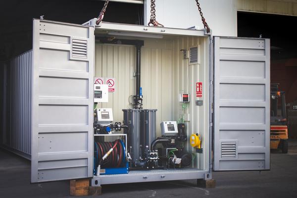 Customer's request:20' container equipped with a transfer and filtration system. That allows unloading and filtering at a high flow rate at the time it is unloaded from the tanker truck. It has pumps to supply fuel to auxiliary tanks for powering electric generators.Solution provided:The team performs the functions of:“BULK filtration” (Discharge filtration): To filter at high flow rate at the time of discharge. In this way, we prevent most impurities from entering our tank.A high-flow model BDP pump and an FG-1000 filter with two-stage filtration are used.Recirculation: A PLC has been installed in the electrical panel to program the filtration functions and hours. By filtering in recirculation, the fuel will be kept clean and the creation of sediments in the tank will be avoided. By removing the water through the water-absorbent filters, bacteria are prevented from being born and reproducing.Final filtration at the time of supply: The supply is carried out by means of a double pumping system, with EA-65 model gear pumps. The filtration equipment is a FG-300 in two stages. Any possible impurity that may have remained in the tank or in the installation itself is removed in the final filtration process. We have different types of filters depending on the level of contamination and desired fuel quality.The control panel has a PLC that will control the level probes of the auxiliary tanks, to supply automatically.