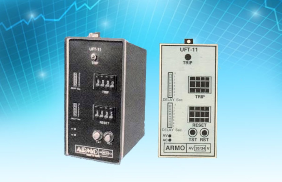 Silent FeaturesLow burdenWide operating voltage rangeWide frequency setting range 39.00 to 70.00 HzIndependently adjustable tripping stages two of which have a rate of change of frequency function.Consistent accuracy = +-0.03 Hz at 50 HzUnaffected by voltage fluctuationsInsensitive to harmonics & TransientBuilt in self-test modeBuilt in timer .02 to .18 secARMO-UFTR Frequency relays are used-to monitor the frequency of an electrical System. Due to inadvertent splitting of inner connection in power system. Isolated areas of the system may become deficient in the generation and frequency of the same may drop considerably giving rise to emergency conditions. In order to maintain control of system under this low frequency emergency,some form of graded load shedding is needed. ARMO-UFTR relay is used to detect such conditions and initiate load shedding to prevent complete system collapse.Type UFTR-41 consists of two/three definite time fully independent frequency measuring stage and one df/dt stage.Type UFTR-51 consists of two/three definite time fully independent frequency measuring stage and one df/dt stage.Separate   Auxiliary relays are provided which get energized after the respective time delays (In case of df/dt the tripping frequency gradient). Tripping indications and reset push button are provided on the front of the relay.The relays are suitable for any application in industrial plants and to generators where definite time under over frequency protection with df/dt stage is required.Internal timers are provided for each operating circuits and separate aux relays ensure maximum flexibility of application.Two terminals are provided for the voltage input to the frequency sensing circuit. The measurement of the frequency is digital for which only the zero-crossing of the system voltage and not its amplitude, are of consequence. The relay is independent of the voltage fluctuations with a wide range. However the system voltage sink below a predetermined value in which the accurate measurement can no longer be expected the under voltage blocking circuit blocks all the outputsTechnical DataAC voltage rating	110, 220VACAuxiliary supplyvoltage	From PT 66 to 135 V External 35 to 135 of PTFrequency setting range	39.0 to 60.0 Hz in step of 1 HzUnder frequency setting (dfdt)	1 Hz Sec to 9.9 H:: Sec at 50 HzOperating voltage range  66 to 13535-to 135 VThe relay is blocked below & above this limitNo. of tripped stageUFTR -51UFTR-41UFTR-6 I 4. Two of which have dfdt outputOne of which have dfdt output4 No. of dfdt output Reference frequency	5 MHzAccuracy	.03 Hz at 50 HzReset ratio	100% (Digital)Max reset time under &Overfrequency	50 msTripping delay for dfdt stage	5 cs to 9 cs unless stated set to 6 cs on deliveryEvaluation period for delivery dfdt stages	26 52 mSunless stated set to 26 mS OnBurdenAux Supply from PT	1.5VAAux supply from an external sourceAux DC /without tripping relays 1.5VA            max at 150V 50Hz Contacts in relay 11 W for 4 stages Indicating signals 1 Pair of N/O reed contact 50VA max2.5 Ad. C. Test voltage Low voltage inhibit LEDLED tripping LED push button reset Reduced values are valid in case of repeat testing 2KV 50 Hz 1 min5KV 1.2/50 usec Casting Does not apply to the terminal connectedto a common Aux supply Guaranteed operation Ambient Flush mounting withrear connection110 mmx      205mmx        250mmW                        H                    D temperature	-5 – 55`CSilent FeaturesLow burdenWide operating voltage rangeWide frequency setting range 39.00 to 70.00 HzIndependently adjustable tripping stages two of which have a rate of change of frequency function.Consistent accuracy = +-0.03 Hz at 50 HzUnaffected by voltage fluctuationsInsensitive to harmonics & TransientBuilt in self-test modeBuilt in timer .02 to .18 sec.