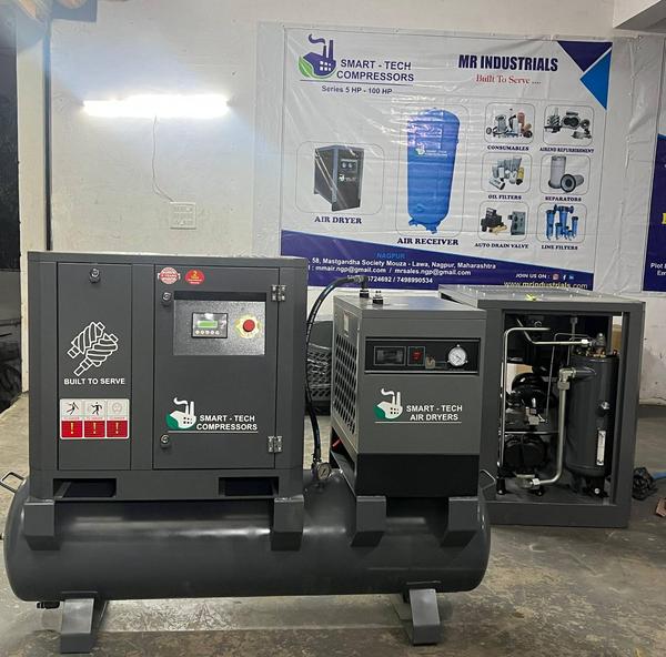 Tank mounted complete package rotary screw air compressor specially built for small industries with affordable prices and service.
