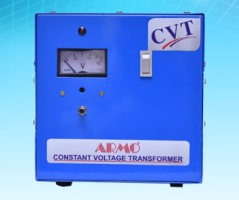 Salient Features
Maintenances Free(no moving part)
Very Fast Correction Speed.
High Efficiency & 87%
Zero Voltage Potential between Output, neutral and ground.
Protected Against overload/Short circuit
ARMO CVTs are based on static, Magnetic (Ferroresonant) Principle. The input winding normally runs at very moderate levels of flux linkage. The output winding exhibits an intrinsic energy storage characteristic and this energy storageco-operates in conjunction with mains capacitors to produce self-generated AC flux fields which is indirectly excited from the input winding.This results in instantaneous voltage regulation,no transient,no spikes,sine wave output,noise less operation and high isolation between inputs and outputs.
