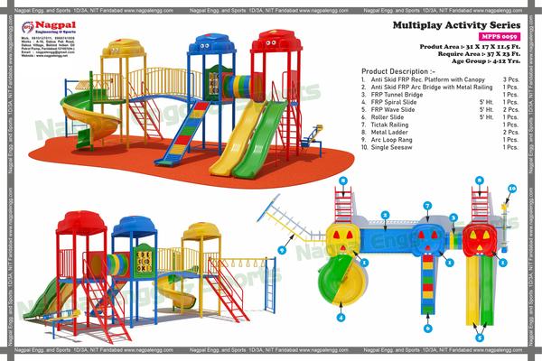 Multiplay System - FRP SeriesProduct Code: MPPS 0059Product Size :: 31Ft(L) x 17Ft(W) x 11.5Ft(H)Three Platform System with Spiral slide -01 Roller Slide -01Wave Slide -02Seesaw -01Monkey Ladder - 01