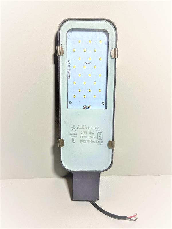 TECHNICAL SPECIFICATION FOR LED STREET LIGHT OF – 24WATTS1. Make(Brand) : Alka Make2. Input voltage : 90 V to 270 V3. Rated watt : 24W (cool white/warm white)4. LED type : SMD type High power LED ( 9v-1 Watt)5. LED Make : everstar/bridglux/cree/osram.6. LDE lamp efficacy : Min 130to 140 lumens/watt7. Luminous flux : 3000 to 4000 lumens8. Power factor : >0.959. No of hours usage / day : 10 to 12 hours/day10. Working Humidity : 10% to 90%11. Ingress protection : IP 65/IP 6612. Total harmonic distortion (THD): < 15%13. Colour rendering index : Ra > 8014. Working Temperature : 20 deg to 50 deg C15. beam angle : 120 to 160 deg16. Control Circuit : Compatible to LED17. Lamp starting time : Not more than 5 sec18. System power efficiency : > 85 %19. Fixture : Pressure die cast Aluminum with toughened glassAnd waterproof fixture20. Warranty : 2 Years(repairable)