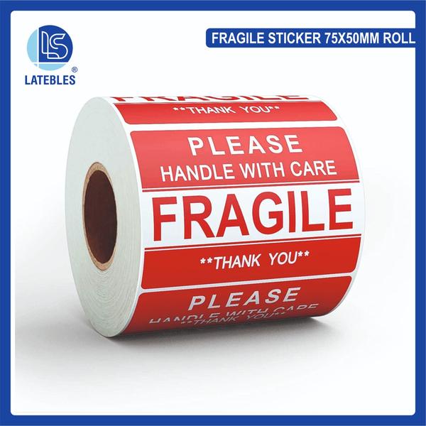 FRAGILE STICKER FOR TRANSPORTATION USE FOR PARCELS SIZE: 75MM X 50MMCROMO PAPER 80 GSMRED COLOUR PRINT1000 PCS IN / ROLL