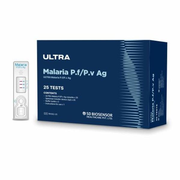 ULTRA Malaria P.F/P.V AgUltra Malaria P.f/Pv is an immunochromatographic assay for the differential detection between Plasmodium falciparum Histidine-Rich Protein II (HRP II) and pLDH (plasmodium lactate dehydrogenase) specific to Plasmodium vivax in human whole blood.This test is intended for professional use,only for an initial screening and reactive specimen should be confirmed by a supplemental assay such as microscopic examination of thin blood smear.