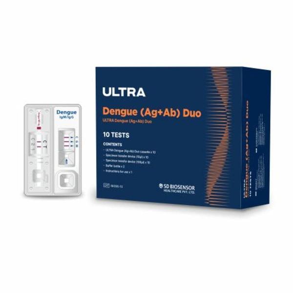 ULTRA Dengue Ag+Ab DuoUltra Dengue Ag+Ab Duo test is an immunochromatographic assay for the detection of Dengue NS1 antigens &  IgM/IgG antibodies against Dengue virus in human serum,plasma or whole blood specimen. This kit is for in vitro use only.This is intended for professional use only for an initial screening test.