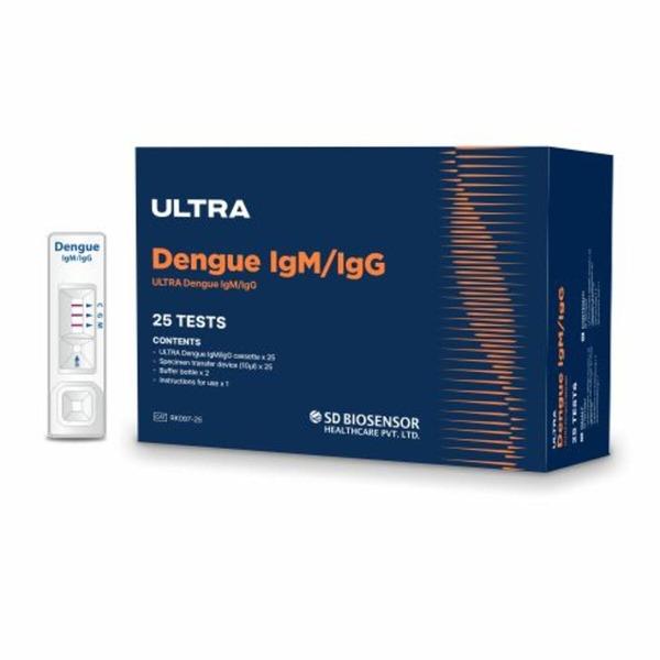 ULTRA Dengue IgM/IgGUltra Dengue IgM/IgG Ag test is an immunochromatographic assay for the detection of IgM/IgG antibodies against Dengue virus in human serum, plasma, or whole blood specimen. This kit is for in vitro use only. This is intended for professional use only for an initial screening test.
