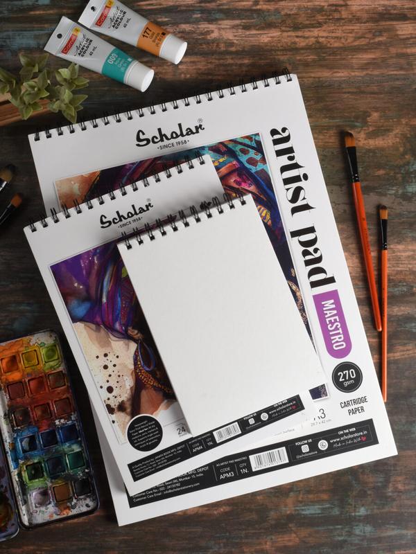 270 Gsm Artist Pad The 270 gsm Sketch Pack series is our best selling paper for dry & wet mediums and mixed media in general. They come in convenient & super affordable packs of 30 sheets each. Suitable Mediums – Pencil, Charcoal, Graphite, Pastels, Ink, Pens & Markers.Paper Quality – Premium high bulk cream shade cartridge paper that is pH neutral, acid free & allows multiple erasures.Loose Pack – Comes in environment friendly recyclable poly bag packing that allows you to bulk purchase & use as per your convenience.SIZE A2 , A3 , A4, A5Acid Free Natural Shade Cartridge Paper#artstoregoregaon #artstorenear #artstoremumbai #artstoreindia #sketchpad #artistpad #drawingpad #watercolourpad #brustropaper #drawingpaperroll #canvasroll #canvaspainting #theartcity #artstudio #artgallery oder now - theartcity.co.inE -COM - theartcity.netcall 81696 33825