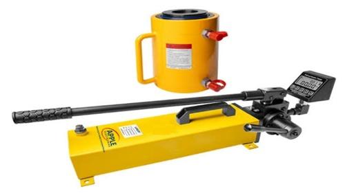 ApplicationAPO is smart tester kit testing applications from 1kN to 1000kN loads. It consists of amechanical screw arrangement acting through a hydraulic load cell along with Handy pump,which measures the load applied to the fixing directly. The resulting load value is thenindicated on the dial type analog gauge. This Kit features a 1-10kN gauge, to suit mostapplications.Specifications: Pressure Display : Digital 1No. Single Speed Hydraulic hand pump to operate the above said Tester with initial oil fill- 2 liters capacity 1No. High pressure hose pipe having size 3/8” BSP with FSN connections in standard length of 2 meters. LCD monitor with wide viewing display for reading convenience; Memory capacity of 500 data records and functioned with dot-matrix LCD with back lighting & peak hold and automatic shut down; 1No. Imported Quick Change Coupler. (Male Half at Hose pipe end and female half at jack end)Models:Model Capacity T Capacity in kN Cylinder center hole Cylinder stroke Measurement range Common anchorage Weight In Kg.APO/100- 10T - 100kN- 27mm- 60mm - 0-100kN- Φ6-Φ20 - 5.5APO/200 - 20T - 200kN - 35mm - 80mm- 0-200kN- Φ6-Φ25- 13.0APO/300 - 30T - 300kN - 45mm- 80mm- 0-300kN - Φ6-Φ32 - 15.0APO/500 - 50T- 500kN- 60mm- 120mm- 0-500kN - Φ6-Φ40- 25.0APO/1000 -100T - 1000kN- 85mm- 150mm - 0-1000kN- Φ25-Φ50- 60.0