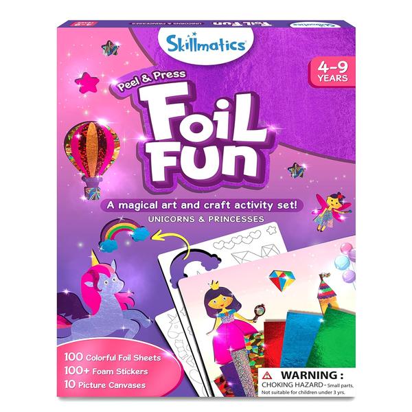 Skillmatics Art & Craft Activity - Foil Fun Unicorns & Princesses, No Mess Art for Kids, Craft Kits & Supplies, DIY Creative Activity, Gifts for Girls & Boys Ages 4, 5, 6, 7, 8, 9, Travel ToysFOIL ART & CRAFT ACTIVITY: Let your child's imagination soar with this magical, mess-free foil art and craft activity. They can create stunning pictures featuring princesses, fairies, and unicorns, sparking hours of creative play!INCLUDES: 100+ Foam Stickers, 100 Colourful Foil Sheets, 10 Picture Canvases, Googly Eyes & Instruction ManualEASY TO USE: Select a picture canvas, apply sparkly foil sheets using the included stickers, and watch the picture come to life!DEVELOP KEY SKILLS: While having fun, children develop essential skills like creative expression, pincer grasp, hand-eye coordination, and bilateral hand coordination. It's an engaging way for them to grow and learn!NO GLUE, NO MESS!: Parents will love this no-mess creative activity. Keep kids engaged and entertained at home, during playdates, art classes, or even in the classroom without worrying about any mess.BEST GIFT EVER!: If you're looking for the perfect gift for a unicorn and princess enthusiast, look no further! Foil Fun is a delightful surprise that encourages creativity and artistic exploration.VERSATILE AND PORTABLE: Whether at home or on the go, this kit is versatile and portable, providing creative entertainment wherever your child may be.