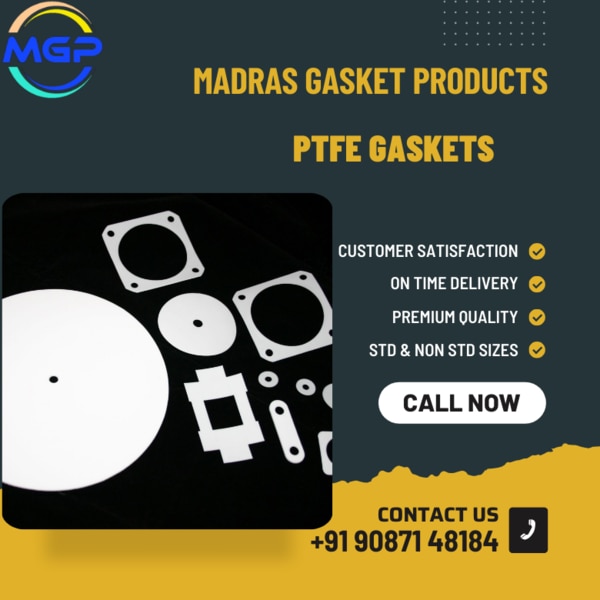 At Madras Gasket Products, we specialize in the manufacturing of high-performance PTFE (Polytetrafluoroethylene) gaskets, renowned for their exceptional sealing properties and versatility across a wide range of applications.At Madras Gasket Products, quality is our top priority. Our PTFE gaskets undergo rigorous testing and inspection processes to ensure adherence to the highest industry standards. From material selection to final product assembly, we maintain strict quality control measures to deliver gaskets of unparalleled quality and reliability.