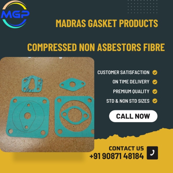 Madras Gasket Products takes pride in offering premium compressed non-asbestos fiber gaskets, delivering dependable sealing performance while prioritizing safety and environmental sustainability.Advantages of Compressed Non-Asbestos Fiber GasketsOur compressed non-asbestos fiber gaskets provide numerous benefits, making them a preferred choice for a wide range of applications:Safety: Composed of non-asbestos fibers, our gaskets offer a safer alternative to traditional asbestos-containing materials, eliminating the health risks associated with asbestos exposure.Sealing Performance: Engineered with high-quality fibers and binders, our gaskets deliver excellent sealing performance, effectively preventing leaks and ensuring reliable operation in demanding environments.Temperature Resistance: Our non-asbestos fiber gaskets exhibit exceptional temperature resistance, maintaining their sealing integrity across a broad range of temperatures, from cryogenic to elevated levels.Chemical Compatibility: Resistant to a variety of chemicals, oils, and solvents, our gaskets provide reliable sealing solutions in diverse industrial settings, including chemical processing, petrochemical, and pharmaceutical industries.