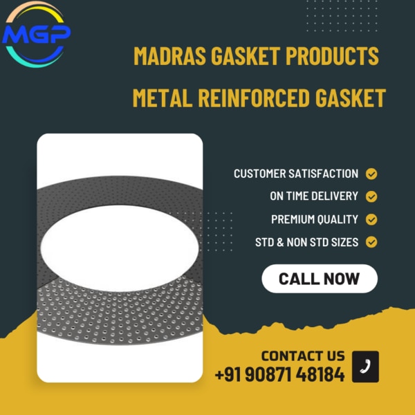 Madras Gasket Products is proud to offer a comprehensive range of metal-reinforced gaskets, meticulously engineered to deliver robust sealing performance in demanding industrial applications.Advantages of Metal Reinforced GasketsMetal-reinforced gaskets offer several advantages that make them an ideal choice for critical sealing applications:Enhanced Strength: The incorporation of metal reinforcement adds strength and stability to the gasket, allowing it to withstand high compression loads and maintain sealing integrity under extreme operating conditions.Resistance to Flange Surface Irregularities: The metal reinforcement layer provides rigidity and support, enabling the gasket to seal effectively against uneven or imperfect flange surfaces, minimizing the risk of leaks.Temperature and Pressure Resistance: Metal-reinforced gaskets are capable of withstanding elevated temperatures and pressures, making them suitable for applications involving steam, hydrocarbons, and other harsh operating conditions.Chemical Compatibility: Depending on the choice of metal and sealing material, metal-reinforced gaskets can offer excellent resistance to a wide range of chemicals, ensuring reliable sealing performance in corrosive environments.