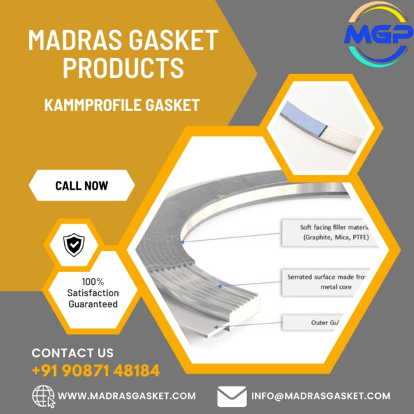 Madras Gasket Products proudly offers high-quality Kammprofile gaskets, meticulously engineered to provide precise sealing solutions for a wide range of industrial applications.Advantages of Kammprofile GasketsKammprofile gaskets offer several advantages that make them an optimal choice for demanding sealing applications:Versatility: Kammprofile gaskets are suitable for a variety of flange types, including flat-faced, raised-faced, and tongue-and-groove flanges, making them highly versatile for different sealing requirements.Sealing Performance: The serrated design of Kammprofile gaskets creates multiple sealing points, ensuring a reliable seal even in applications with imperfect or irregular flange surfaces.Temperature and Pressure Resistance: Constructed from high-quality metal alloys, Kammprofile gaskets are capable of withstanding high temperatures and pressures, making them ideal for demanding industrial environments.Torque Retention: The serrated profile of Kammprofile gaskets provides excellent torque retention, minimizing the risk of gasket blowout or loss of compression, ensuring long-term sealing integrity.