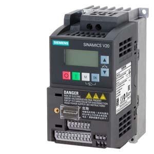 Siemens v20 PICSINAMICS v200-240v 1ac rated power 0.75 kwV20 200-240V 1AC -10/+10% 47-63Hz rated power 0.75 kW with 150% overload for 60 sec. unfiltered I/O: 4 DI, 2 DO,2 AI, 1 AQ fieldbus: USS/MODBUS RTU with built-in BOP protection: IP20/ UL open size: QB 68x142x128 (WxHxD).