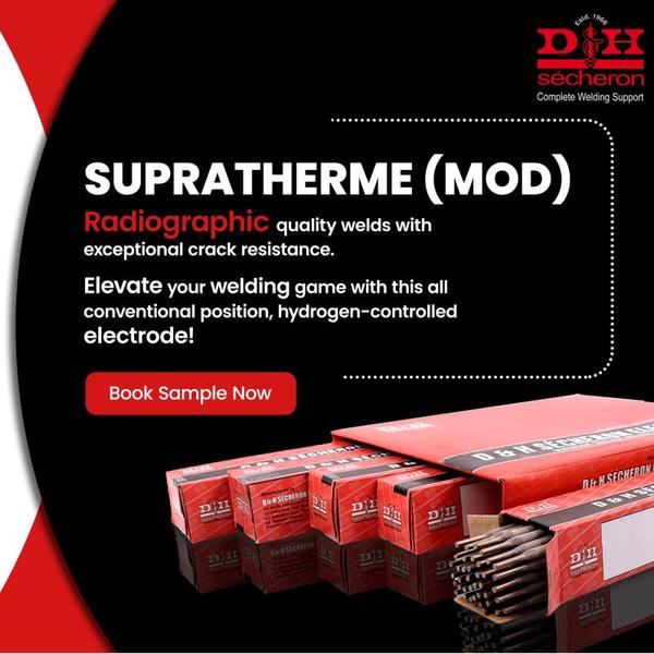 SUPRATHERMEAWS: SFA 5.1 E7018EN ISO CODE: 2560-A E 42 3 B 3 2Supratherme is an 7018 electrode which is a heavy coated low hydrogen, iron powder type electrode ideally suited for producing tough and ductile welds of radiographic quality in boilers, pressure vessels and heavy structures subjected to dynamic loading. This 7018 electrode has a metal recovery of about 115%. Some typical applications include heavy structures subjected to dynamic loading and impact, highly restrained joints, coaches, wagons, penstocks, boilers, pressure vessels, earthmoving machines, etc.