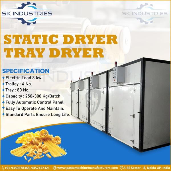 Easy to operate and maintain Standard parts ensure long life. Heating Load: 8kWTrolley: 4 no.Tray: 80 no. Capacity: 50/100/200/300/500/1000 kgTemperature: Hot Air flow/ Electric baseMaterial: Puff sheet and wooden try Menu: Fully Automatic Control Panel. SK INDUSTRIES introducing our Static Dryer- Tray Dryer Machine a Fully automatic and control panel solution for all your drying needs. This Static Dryer Machine is crafted to perfection, capable of handling a wide range of materials, including various like Pasta, Macaroni, Papad, Designed Fries, Vermicelli, Hakka Noodles and all dry fruits for moisture removing. The body structure is meticulously designed with Puff sheet for wooden try and stainless steel ensuring durability. Heating load by a 8kW and equipped with a hot fan process, the machine offers precise control over the Dryer process, allowing you to achieve the perfect dry every time. This SK INDUSTRIES PASTA MAKING STATIC DRYER- TRAY DRYER machine is a type of dryer commonly used in the food processing industries to try pasta and etc. It consists of series of trays that are stocked on top of each other and placed inside a closed chamber.