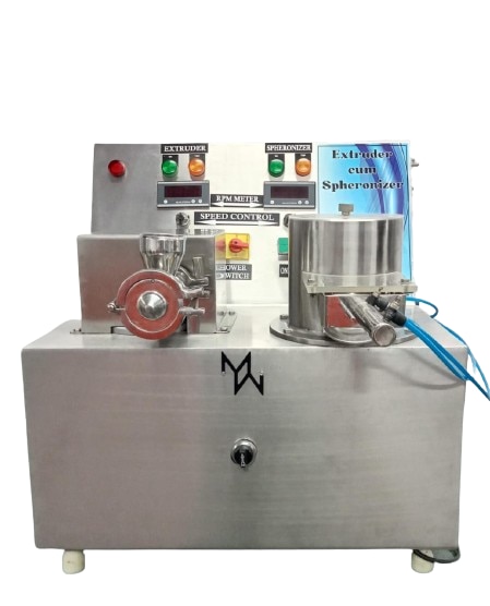 Extruder Cum SpheronizerPRODUCT INFORMATION• Type: Spheronizer cum Extruder• Extruder Capacity: 100 gm/ batch to 1kg/ batch• Spheronizer Capacity: 100 gm/ batch to 250 gm/ batch• Max. Batch Processing Capacity (Combined): 3 to 5 kg/ day• MOC: Parts in contact with produce- SS316; Rest- SS304• Extruder Speed: 10 to 100 RPM (Variable)• Drum Speed: 200 to 3000 RPM (Variable)• Food Grade Silicon Gaskets• All Bearings and Oil Seals are isolated, to not come in• contact with product.• Motor Capacity: 0.5HP• Power Consumption: 0.75 kW• Net Weight: 40 kg (Approx.)• L x B x H: 600 x 550 x 800 mm (Approx.)Key Features• Suitable for producing Spherical Granules.• Compact Design.• Easy to Operate.• Hassle Free Cleaning and Maintenance.