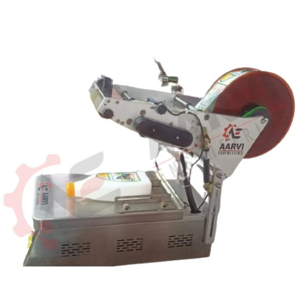 Introducing the table-top, compact, lightweight, and attractive semi-automatic Round Bottle sticker labeling machine, a solution designed specifically for the immaculate labeling of round bottles, jars, and containers.Its lightweight build promotes portability, enabling simple setup and relocation, and it is designed to thrive in a variety of applications. With this clever design, your labeling procedure will be optimized and will fit in with any workspace with ease.Learn about the uses for our semi-automatic labeling machine in a variety of industries, such as lubricants, cosmetics, agrochemicals, food and beverage, medicines, and distilleries. For bottles, jars, and containers that are circular, this machine produces faultless results.Experience a labeling solution that is quick, precise, and stylish for different container sizes. Our portable, lightweight container labeler produces accurate, effective labeling outcomes. Aarvi Engineering’s innovative labeling solutions might help you improve your labeling procedure.• The Sticker Labeling Machine is created or produced in conformity with GMP guidelines.• The building is constructed of MS with SS 304 siding.• rigid construction that is vibration-free for trouble-free operation.• a semi-skilled operator is able to operate it.• Mechanism with a specific purpose for Label Release.• To dispense labels, use a dispensing unit.• Partial or full labeling is available.• Machine Appropriate for Round Products Like Vials, Bottles, Jars, Tins, Cans, and Containers.• Reel mechanism to suspend the roll with a 76 mm (3