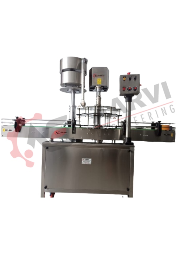 Automatic Capping MachineSuitable for ROPP Capping, Screw Capping, CRPP Capping, Crown Capping, Dosing Cup SealingSuitable for sealing all types of Bottles and Containers and Jars for Pharmaceuticals, Ayurvedic, Nutraceutical, Dairy, Juice, Chemical, Food, Edible Oil Lubricant Oil, Cosmetics, Pesticides and Agro Industries.Automatic Capping Machine is a system from Aarvi Engineering that is specially designed for ROPP Capping, Screw Capping, CRPP Capping, Crown Capping and Dosing Cup Sealing. This ROPP Capping Machine features a unique hopper to increase the storage capacity of a bowl and has a microcontroller-based system with the latest technology. This is the best machine to use for capping bottles of any type and size. This Automatic Multi Head Bottle Capping Machine is perfect for any business that needs to cap their bottles quickly and effectively. It is not only fast but also can save your business money in the long run because it has a built-in, easy-to-use design. It is suitable for Plastic, Aluminium, Rubber stoppers, Inner Plugs, Dosing Cups, Crowns, Lug, CRPP, Seal, and Lid types of seal. The products suitable are Plastic, Glass, HDPE bottles, tins and containers. It is majorly used in Pharmaceuticals, Ayurvedic, Nutraceutical, Dairy, Juice, Chemical, Food, Edible Oil Lubricant Oil, Cosmetics, Pesticides and Agro Industries.