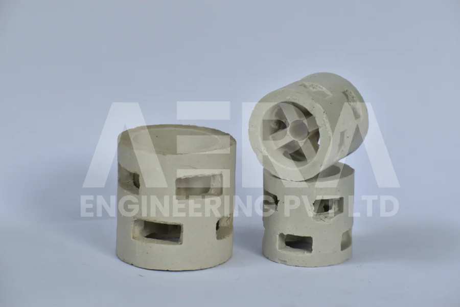 AERA CERAMIC P-RING equivalent to Pall ring are specially designed packing elements known for their durability and high mass transfer efficiency in industrial applications. These cylindrical rings, made from ceramic materials, feature a unique geometric design with internal and external structural features that enhance surface area and promote efficient gas-liquid contact.The ceramic construction of AERA CERAMIC P-RING provides excellent resistance to chemical corrosion, thermal shock, and mechanical stress, ensuring long-term performance in demanding operating conditions. The high thermal conductivity of ceramic materials allows for effective heat transfer, making them ideal for applications requiring temperature control.With their advanced design, AERA CERAMIC P-Rings ensure uniform liquid distribution and minimal pressure drop, maximizing mass transfer rates and enhancing separation efficiency. They are commonly used in processes such as distillation, absorption, and scrubbing, delivering reliable and efficient mass transfer performance.Choose AERA CERAMIC P-Rings for your mass transfer needs and benefit from their exceptional durability, chemical resistance, and high-efficiency performance. Experience reliable and long-lasting mass transfer solutions that optimize your industrial processes and deliver superior results.