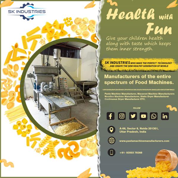Screw Conveyor Easy to operate and maintain. Contact parts are food grade.Standard parts ensure long life.AC Geared Motor : 2.0 HP.Size of Conveyor : 12 feet long.M O C : Stainless Steel 304.Electric supply : 415 V / 50 Hz. Moisture MixerOnline Easy to operate and maintain. Contact parts are food grade.Standard parts ensure long life.Mixer capacity : Online mixer.AC Geared Motor : 3 HP. (Make: CG / ABB) Material of drum : Stainless Steel 304.Size of mixture : 16 X 20 X 48 inches.M O C : Stainless Steel 304.Electric supply : 415 V / 50 Hz. Macaroni Pasta Extruder200 kg/h Easy to operate and maintain. Contact parts are food grade.Standard parts ensure long life.AC Motor : 15 HP. (Make: CG/ABB)Capacity : 200 - 250 kg/h.Gear Box : Make: Premium. A C Geared motor : 2 HP for hopper.A C Motor : 2 HP For vacuum pump.A C Geared Motor : 0.5 HP for cutter.M O Constriction : Painted Mild Steel with S S claddingCooling System : Yes. Water cooling (Automatic)Electric supply : 415 V 50 Hz 4 wireElectric control panel fully automatic.Main motor speed variable.Cutter motor speed variable.Temperature controller automatic.All motor & Gear box Reputed company.Along With three dies. i.e. Macaroni, Pasta, Vermicelli Vibro feeder Easy to operate and maintain. Contact parts are food grade.Standard parts ensure long life.Vibro Motor : 1.0 HP (Make: CG) Size of feeder trey : 5 Feet length X 2.5 Feet width M O Trey : Stainless steel 304 Perforated.M O Constriction : Painted Mild Steel. Electric supply : 415 V 50 Hz 4 wire