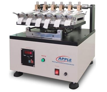 Rubbing fastness Tester for JIS standards for evaluating a material's resistance to rubbing motion. Unit is a six station, bench top machine which includes clamps for sample attachment to moving platen and clams for weighted rubbing arm for attachment of rubbing material.Specification•	Work station			: 6•	Rubbing head pressure	: 2N/5N •	Travel length			: 100 mm.•	Travel speed			: 30 cpm•	Specimen			: 220x30mm•	Counter		: 0-99999 times, automatically stopsStandards: JIS 10801/0823/0849/1084.