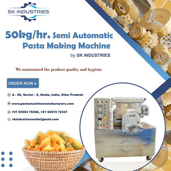 Batch Mixer Mixer capacity : 25 kg/batch.AC Geared Motor : 1 HP. (Make: CG / ABB) Material of drum : Stainless Steel 304.Size of mixer : 14 X 18 X 24 inches.M O C : Stainless Steel 304.Electric supply : 415 V / 50 hz.Marconi Pasta Extruder50 kg/h Easy to operate and maintain. Contact parts are food grade.Standard parts ensure long life.AC Motor : 5 HP. (Make: CG/ABB)Capacity : 50 - 60 kg/h.Gear Box : Make: Premium. A C Geared motor : 1 HP for hopper.A C Motor : 1 HP For vacuum pump.A C Geared Motor : 0.5 HP for cutter.M O C : Painted Mild Steel.Cooling System : Yes. Water coolingElectric supply : 415 V 50 Hz 4 wireElectric control panel fully automatic.Main motor speed variable.Cutter motor speed variable.Temperature controller automatic.All motor & Gear box Reputed company.