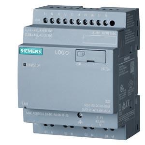 Siemens LOGO PLC Siemens logic module without display ps/i/o 24 v/24 v/24 v LOGO! 24CEo, logic module, without display, PS/I/O: 24 V/24 V/24 V trans., 8 DI (4 AI)/4 DQ, memory 400 blocks, modularly expandable, Ethernet, integr. web server, data log, user-defined web pages, standard microSD card for LOGO! Soft Comfort V8.3 or higher, older projects executable, cloud connection in all LOGO! 8.3 basic units.
