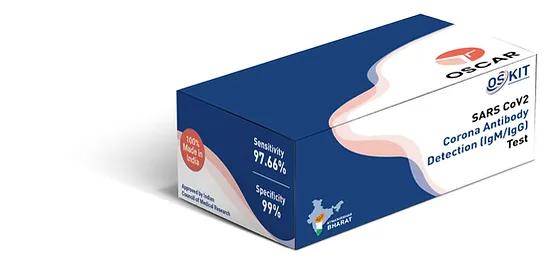 SARS CoV2 Corona Antibody (IgG + IgM) Detection TestOscar Corona Antibody Detection Test is a rapid test based upon lateral flow immunochromatography principle for the qualitative detection of antibodies against Novel Corona Virus (COVID-19) in human serum, plasma or whole blood.For professional and in-vitro diagnostic use only.Sensitivity: 97.66%Specificity: 99%Pack Size: 25 Tests