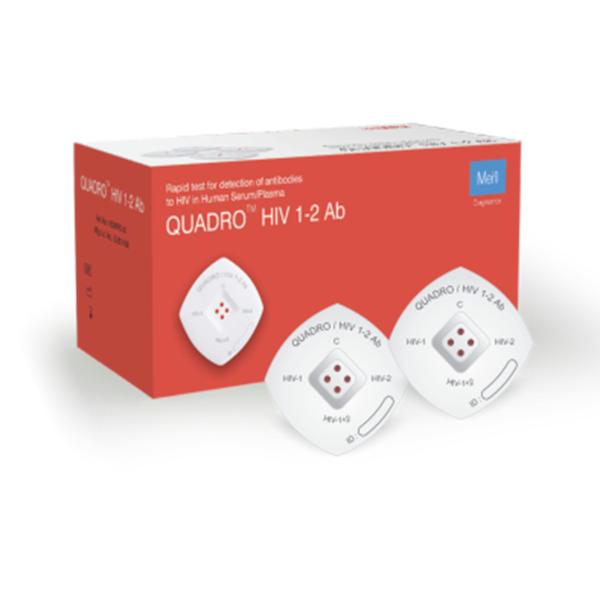 QUADRO HIV 1-2 ABProduct OverviewQUADRO HIV 1-2 Ab is a rapid flow through in-vitro qualitative assay for the detection of antibodies to HIV-1 and HIV-2 human serum & plasma. QUADRO HIV 1-2 Ab is designed to detect antibodies specific to envelope glycoproteins of HIV-1 and HIV-2 by using unique combination of synthetic and recombinant antigens in the same device differentially.Flow through based differential detecion of HIV -1 and HIV -2Synthetic peptides coated on HIV 1 and HIV 2 regionUniquely formulated recobinant proteins coated at HIV 1+2 regionSynthetic Peptides coated on HIV 1 and HIV 2 individual Test RegionUniquely formulated Recombinant Proteins Coated on HIV 1 + 2 Test RegionSynthetic Peptides detects antibodies against the serotype specific linear epitopesRecombinant Peptides detects antibodies against the conformational epitopesDifferential detection of HIV 1 and HIV 2Detects antibodies against all group of HIV (M,N and O) including subtype 'C'Sensitivity: 100% and specificity: 99.5%No Hook effectResults in 3 minutesUser Friendly Protocol