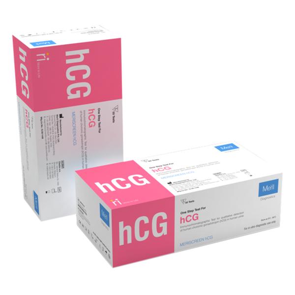 Meriscreen HCGProduct OverviewMERISCREEN hCG is a rapid immuno-chromatographic test device for qualitative detection of human chorionic gonadotropin (hCG) in human urine to aid in the early detection of pregnancyDirect sandwich assayAnalytical Sensitivity: 25mIU/mLResult within 5 minutesSample Type: Human UrineStorage at 2 to 30 Deg Celsius
