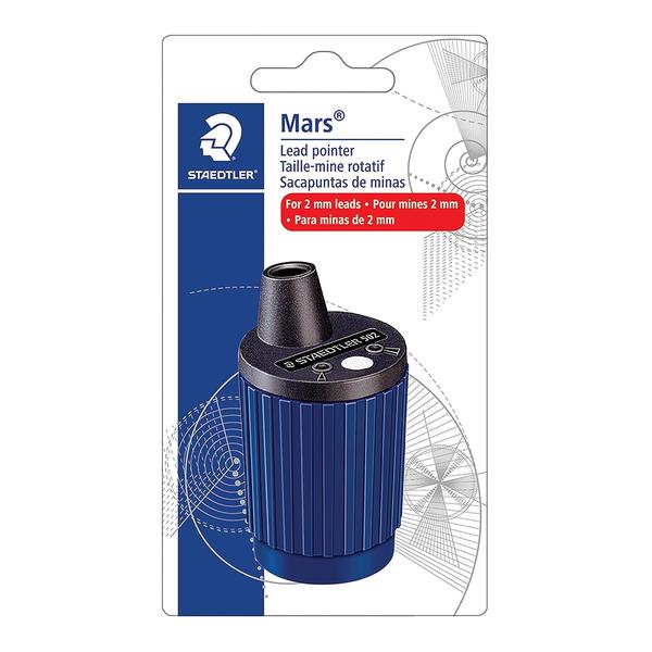 Sharpener for 2mm leadsRotary action with integrated dust wiperMetal sharpener with auto sharpening stopMeasurement device for adjusting sharpening cone