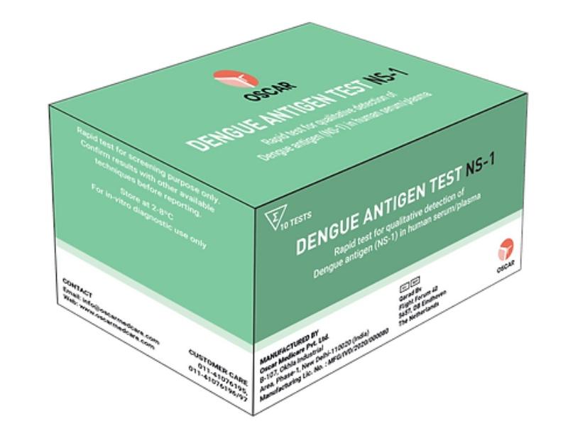 Dengue Antigen (NS1) TestOSCAR Dengue NS1 Antigen Test Device is an in vitro diagnostic rapid test based on the principle of immunochromatography on a membrane, for the qualitative detection of dengue NS1antigen in human serum/plasma. For professional use only.Sensitivity: 98%Specificity: 99%Pack Size: 10 Tests