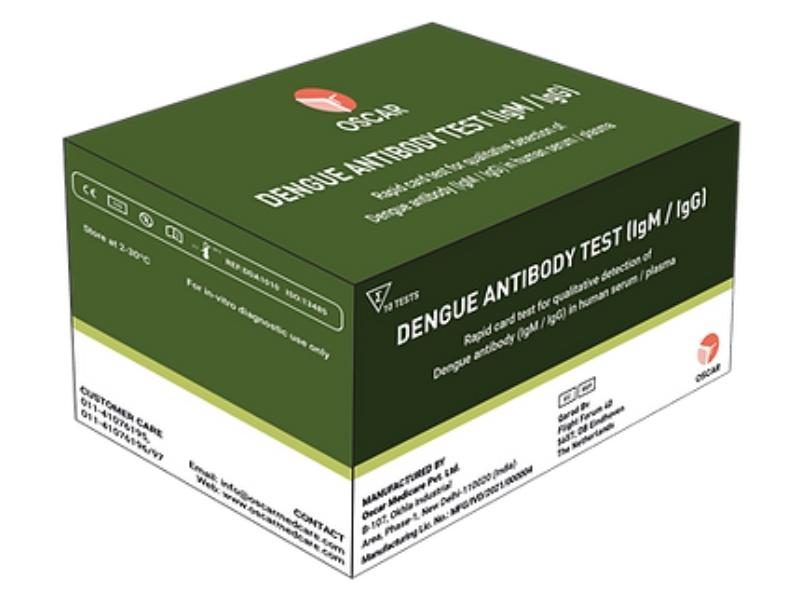 Dengue Antibody TestOscar Dengue Antibody Test is an in vitro diagnostic rapid test based on the principle of immunochromatography on a membrane , for simultaneous and differential detection of dengue specific antibody (IgM/IgG) in human serum / plasma for diagnosis of dengue infection.For professional use only.Sensitivity: 97%Specificity: 98%Pack Size: 10 Tests