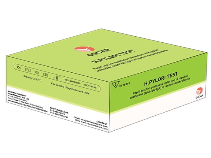 H.Pylori TestOscar H.pylori test is a rapid, qualitative, sandwich immunoassay for simultaneous detection of total antibodies (IgM / IgG / IgA) to H. pylori in human serum / plasma. For professional use only.Specificity: 85.7%Sensitivity: 90%Pack Size: 10 Tests
