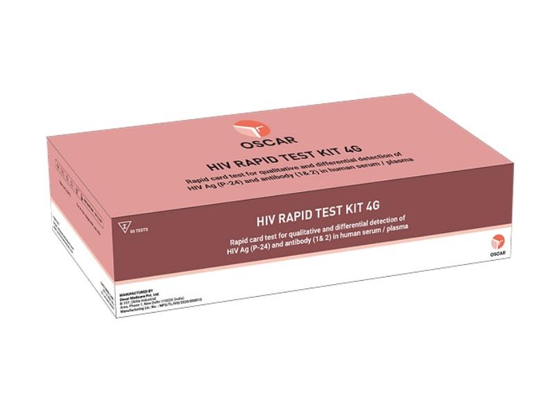 HIV Rapid Test Kit(4th Generation)OSCAR HIV Rapid Test Kit 4th Generation is intended to be used for the detection of all subtypes (IgG, IgA, IgM) of antibodies to HIV 1 and HIV 2 viruses and HIV p24 antigen in human serum or plasma.Pack Size: 50 Tests