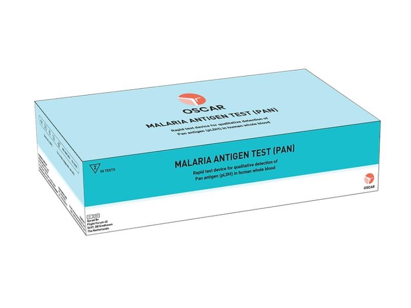 Malaria Antigen Test (PAN)OSCAR Malaria Pan Antigen Test is an in vitro diagnostic rapid test based on the principle of immunochromatography on a membrane the detection of Pan LDH antigens of Plasmodium vivax, Plasmodium falciparum, Plasmodium ovale and Plasmodium malariae and Plasmodium falciparumin human whole blood.For professional use only.Sensitivity: 100%Specificity: 99%Pack Size: 50 Tests