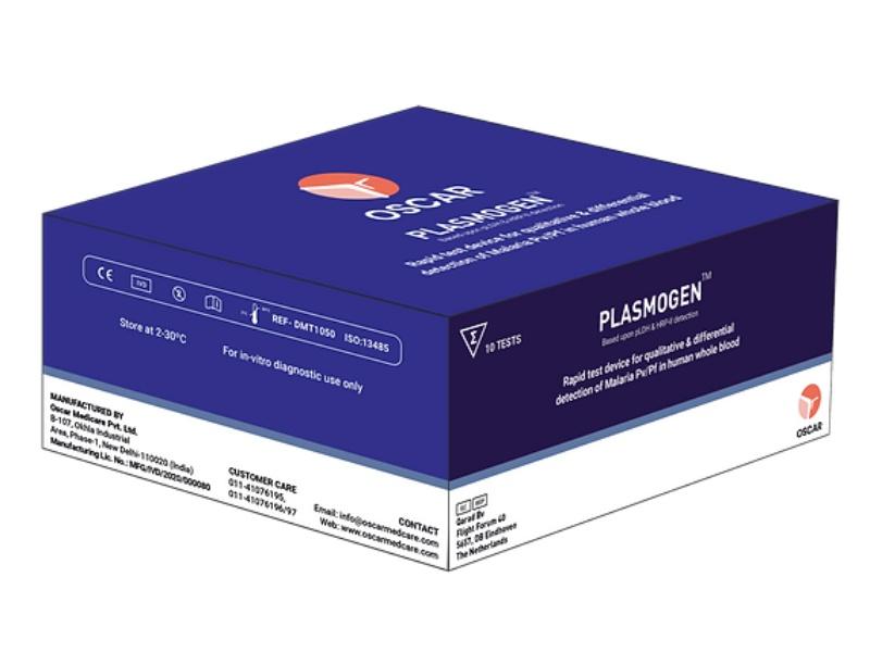 Malaria Antigen Plasmogen TestThe Plasmogen is a ready to use lateral flow chromatographic immunoassay for the simultaneous and differentiation detection of antigen of Plasmodium falciparum (Pf) and Plasmodium vivax (Pv) in human whole blood. It is qualitative test is for in vitro diagnostic use only.Relative Sensitivity for pHRP-II: 100%Relative Sensitivity for p LDH: 100%Relative Specificity for pHRP-II: 100%Relative Specificity for p LDH: 99%Pack Size: 10 Tests