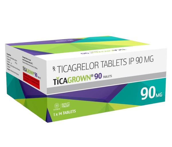 TICAGROWN 90Ticagrelor (90mg)TICAGROWN 90 is a potent medication prescribed for cardiovascular health, specifically to reduce the risk of blood clots in patients with certain heart conditions. Each tablet contains 90mg of the active ingredient ticagrelor, which works by preventing platelets in the blood from sticking together and forming clots. This helps to maintain healthy blood flow and reduces the chances of heart attacks, strokes, and other cardiovascular events. TICAGROWN 90 is usually taken daily as directed by a healthcare professional and is often used in combination with other medications for comprehensive heart care. It's important to follow your doctor's instructions carefully while taking TICAGROWN 90 to ensure optimal effectiveness and safety.